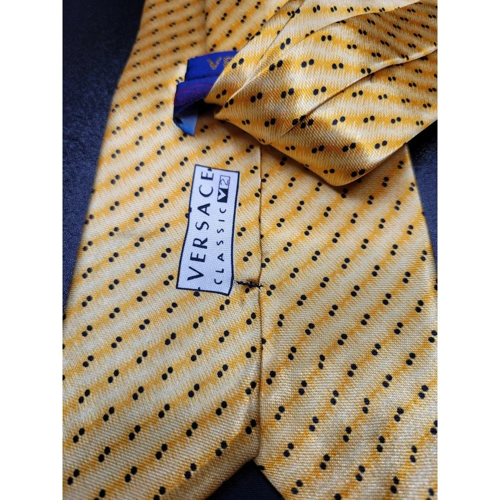 Versace Men's Necktie Yellow Dotted Stripe Silk 4